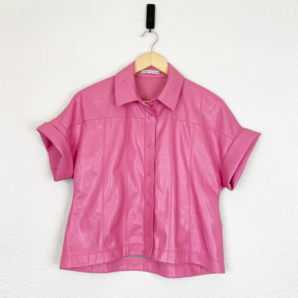 Alice and Olivia Hot Pink Edyth Vegan Leather Crop Top Size S - Picture 7 of 14